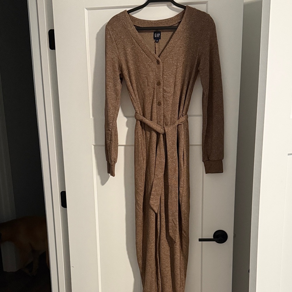 GAP Brown Long Knit Button-Front Cardigan Dress with Tie Belt